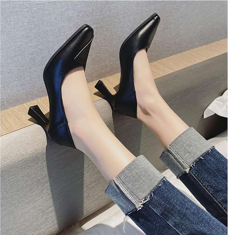 楽天市場】7cmヒール スクエアトゥパンプス レディース 太ヒール