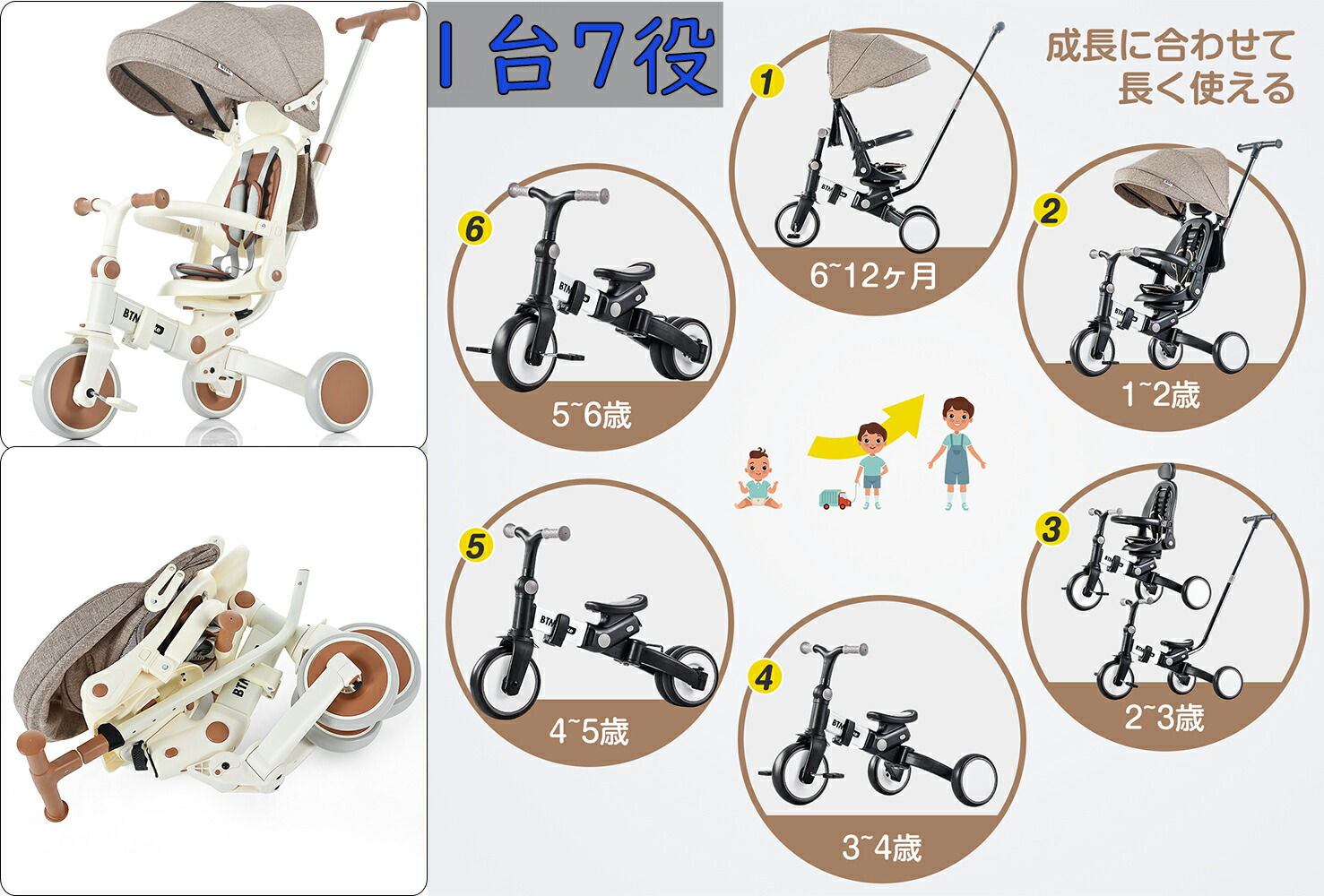 楽天市場】子供用三輪車 7in1 折りたたみ三輪車 手押し棒付き 6ヶ月-6