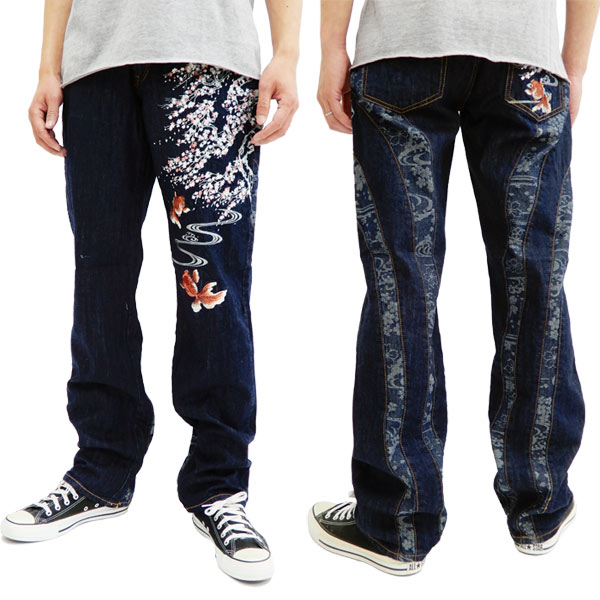 楽天市場】花旅楽団 和柄 ジーンズ SP-802 メンズ 桜金魚刺繍切り替え