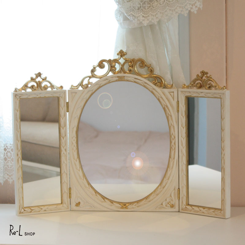 楽天市場】イタリア製 三面鏡 アンティークホワイト×ゴールド