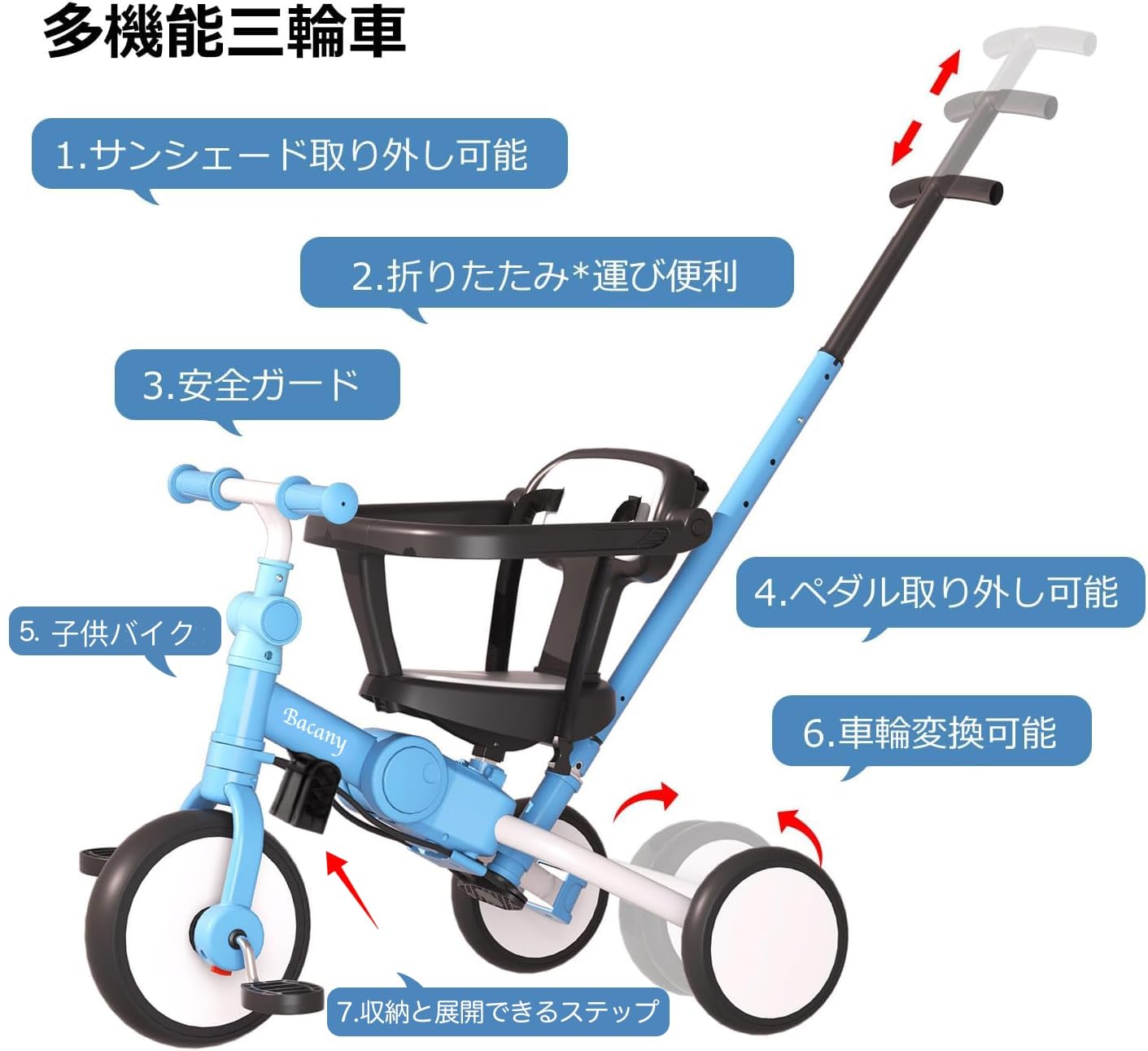 楽天市場】Bacany 子供用三輪車 7in1 三輪車 ステップ付き 折りたたみ