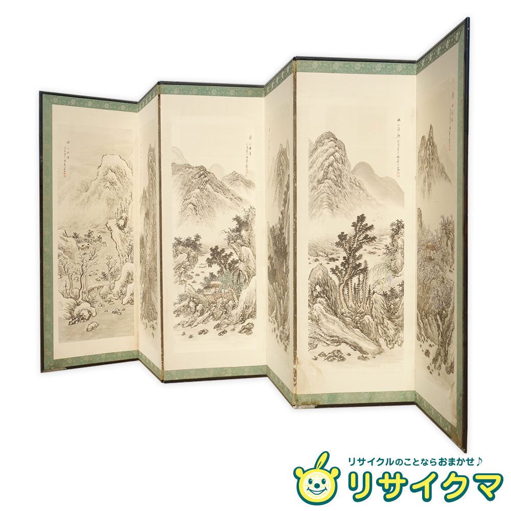 楽天市場】【中古】F▽屏風 春夏秋冬 水墨画 山水図 六曲一隻 錦峯山人