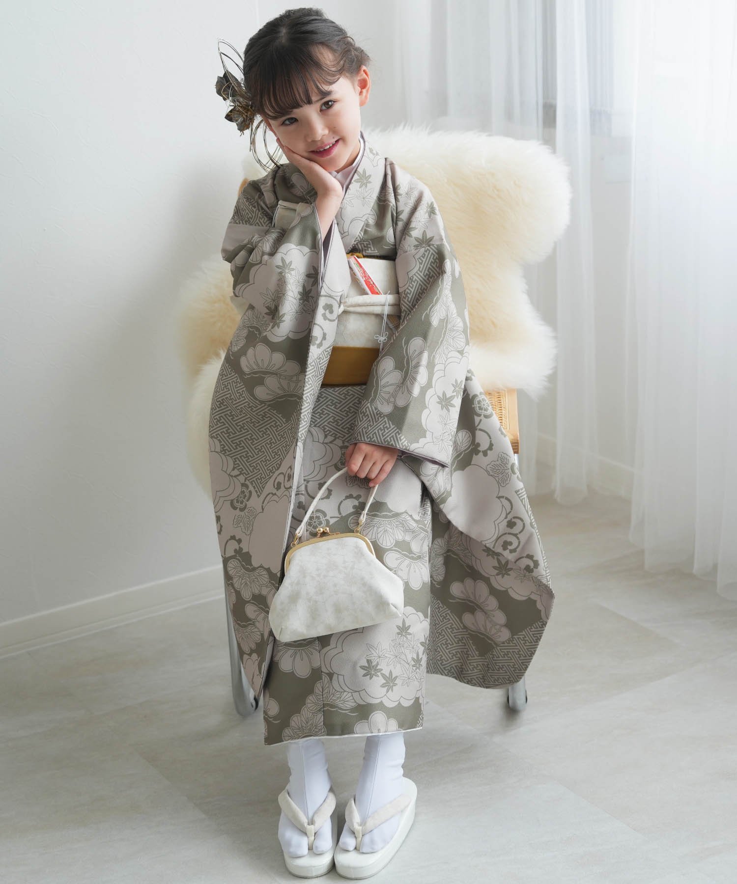 utatane｜ひよこ商店 七五三 着物 7歳 女の子 四つ身 モスグリーン松