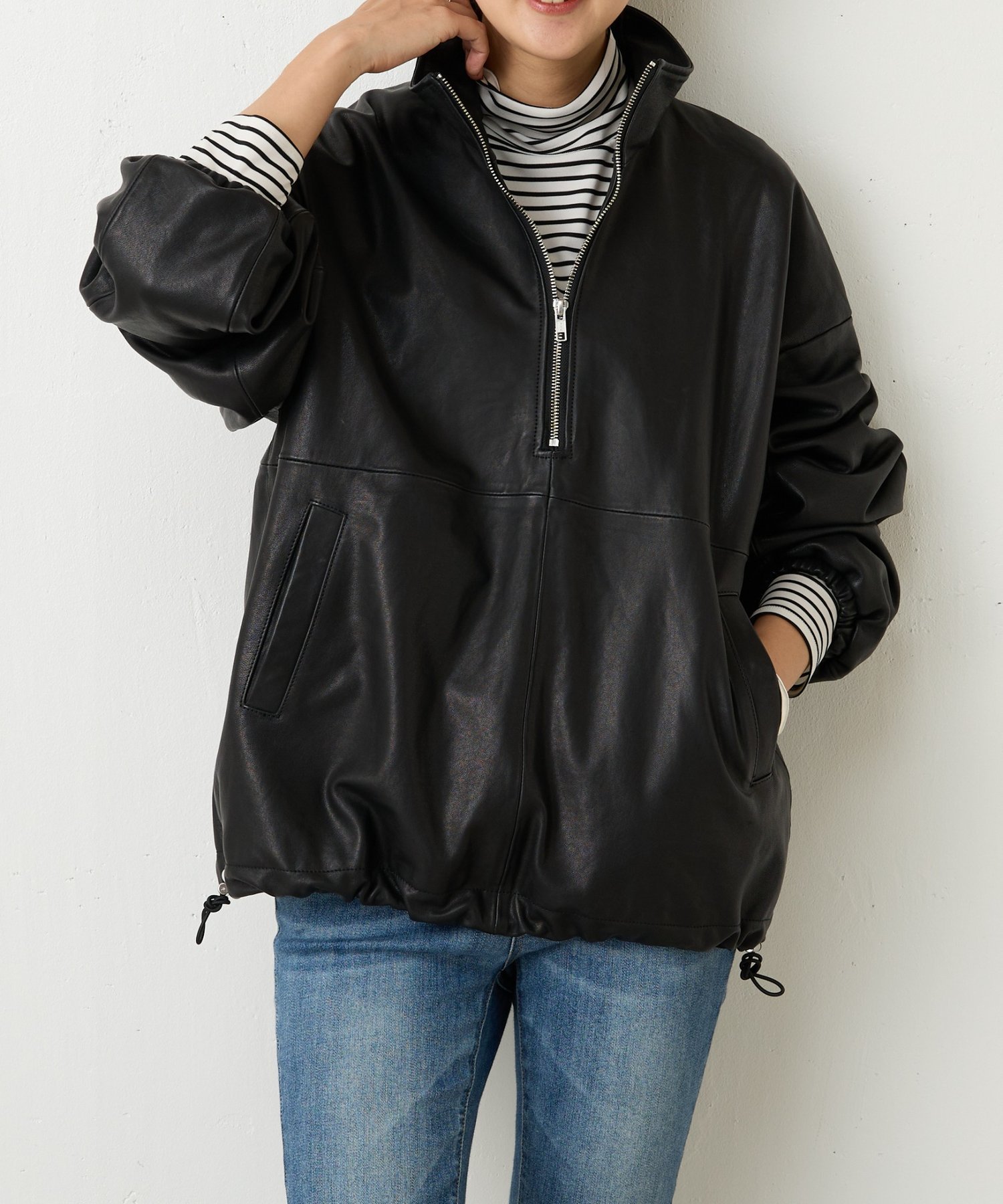 BEARDSLEY｜《15 quinze》ラムレザーハーフジッププルオーバー