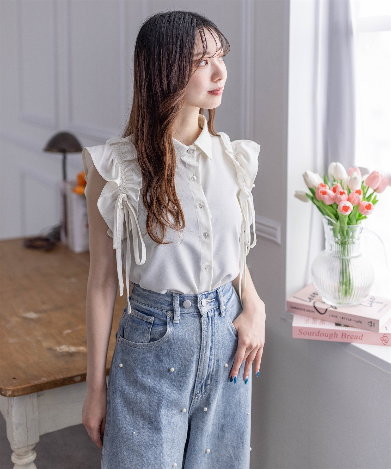 clear｜リボン付きフリルノースリーブブラウス | Rakuten Fashion(楽天