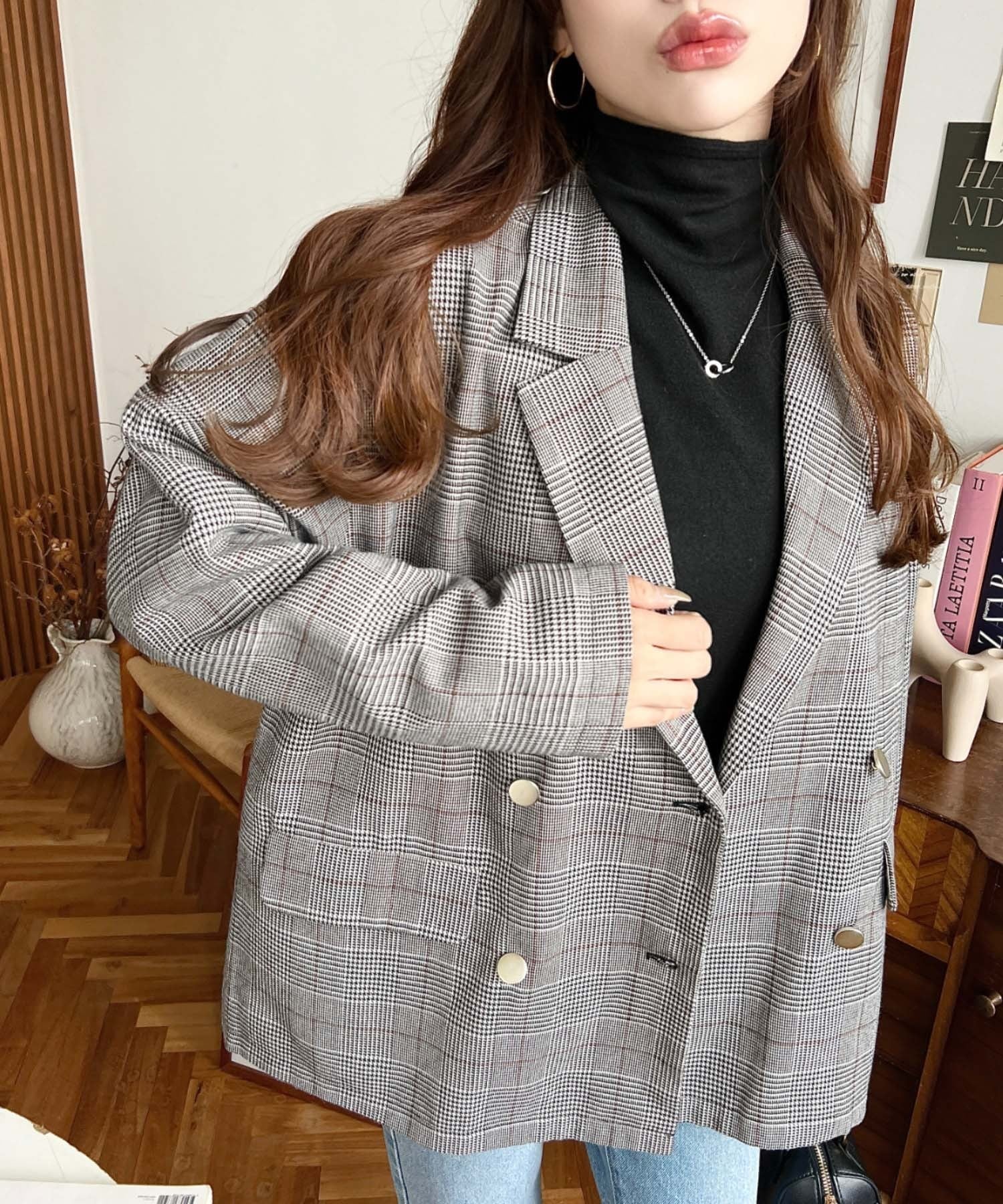 moment+｜マットゴールド釦グレンチェックダブルテーラードジャケット