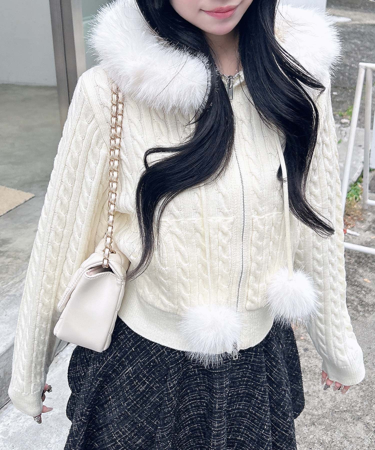 INGNI｜7Gポンポン付ファーケーブルニットパーカー | Rakuten Fashion