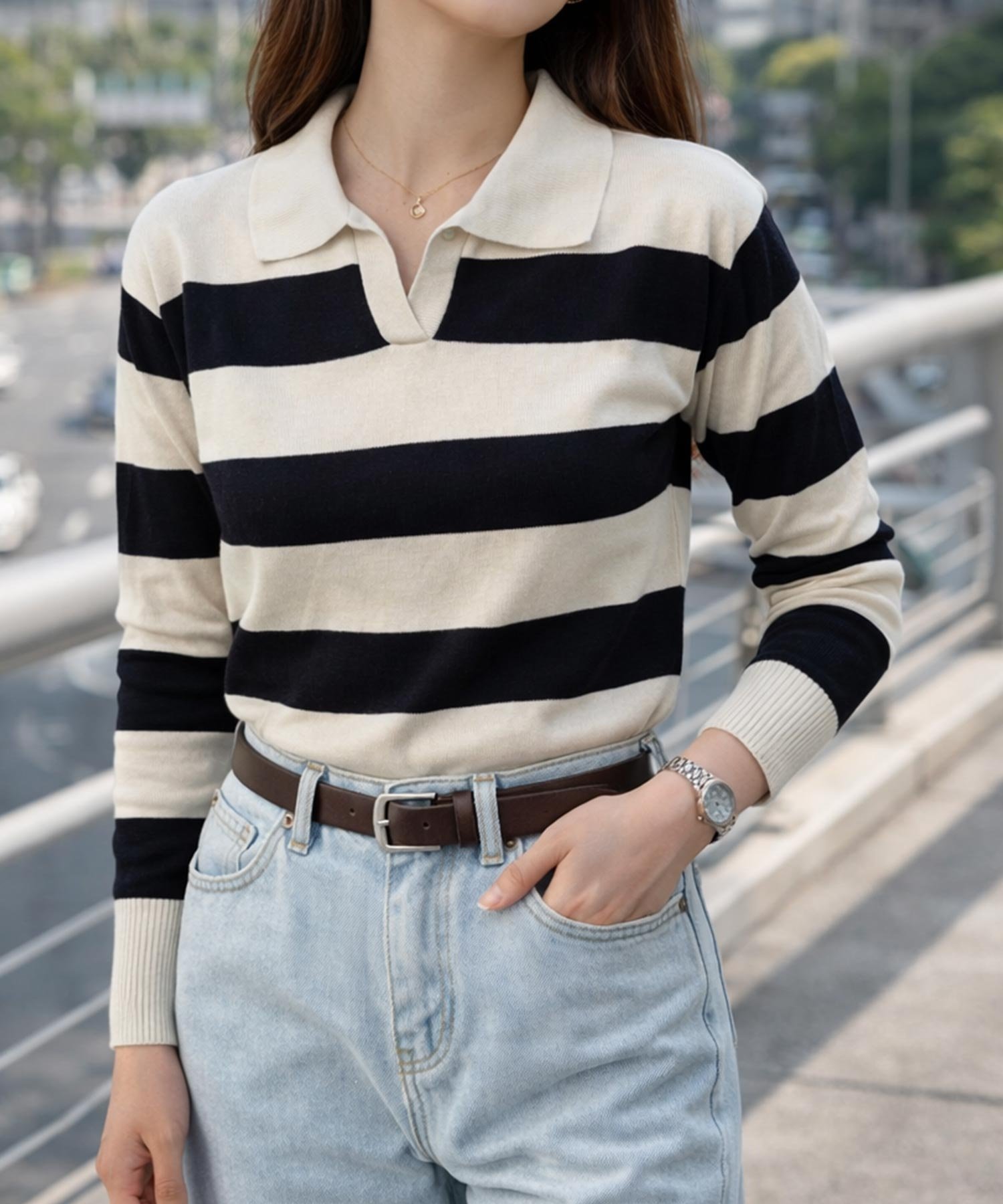 Amulet｜【Dewlily】ボーダーポロニットトップス | Rakuten Fashion