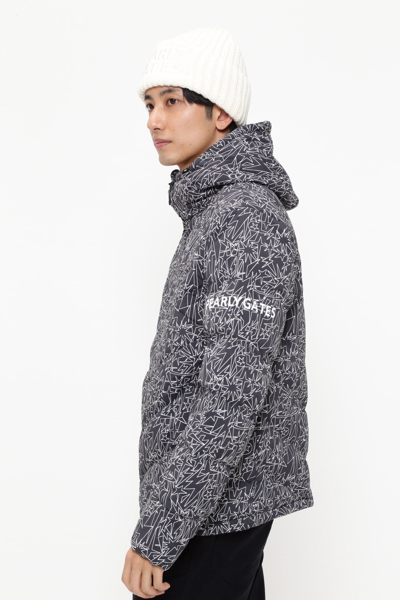 PEARLY GATES｜Nyストレッチ中綿フーディブルゾン <ギザ星柄