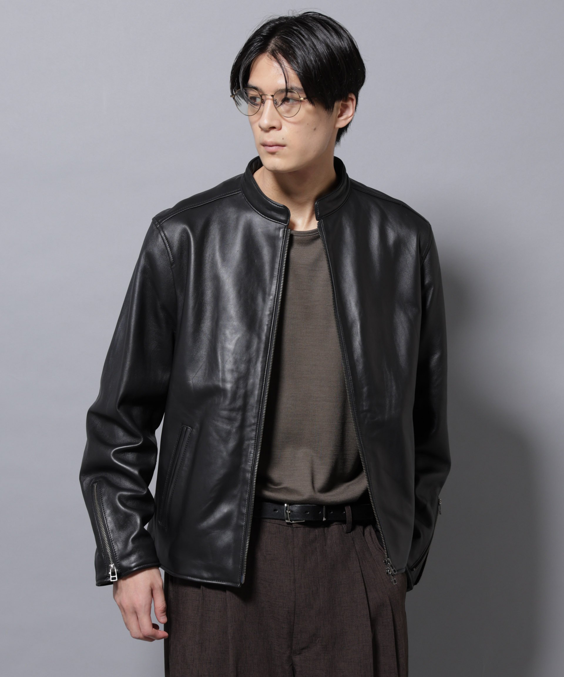 NANO universe｜バンドカラーレザーシングルライダースジャケット