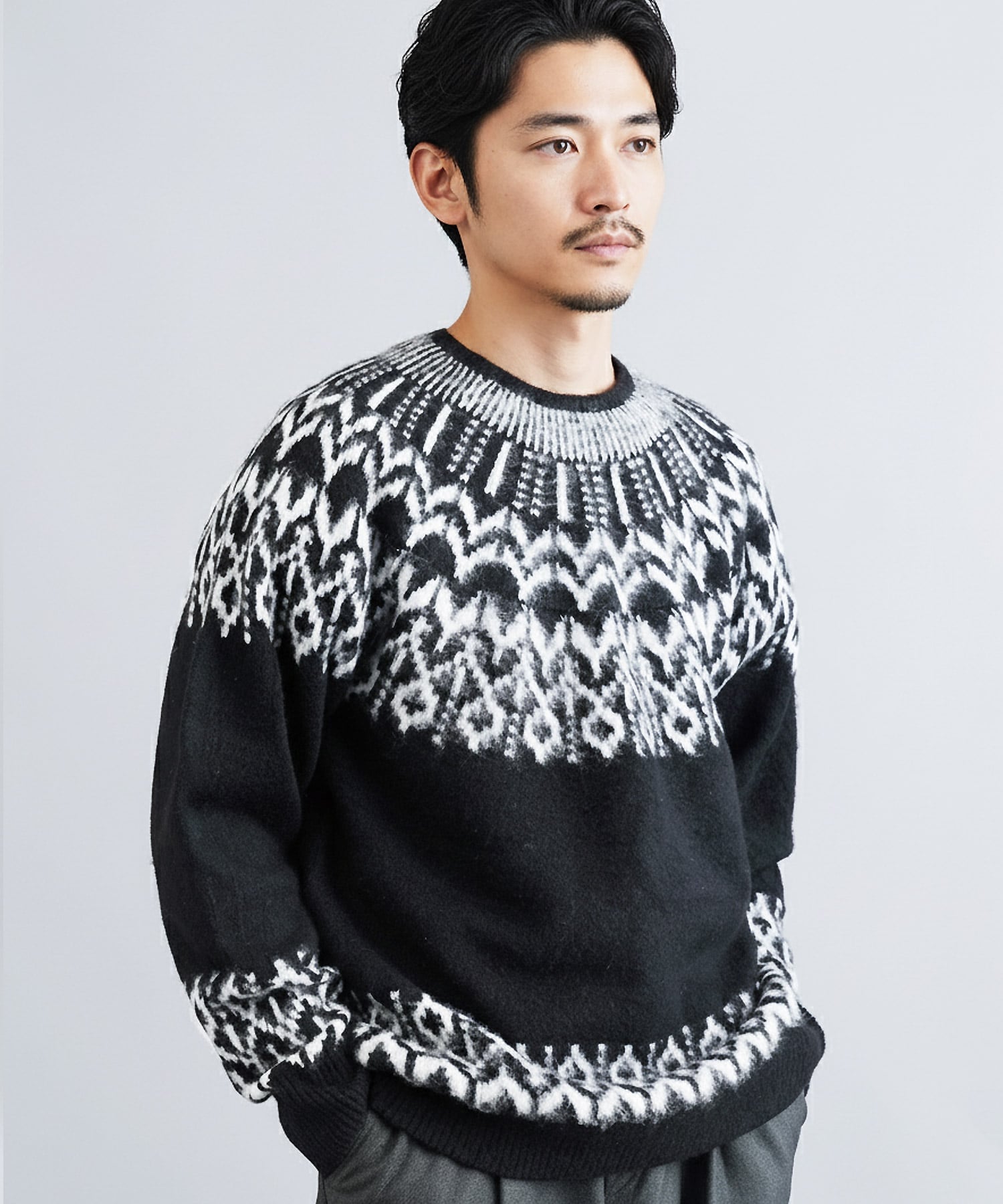 JIGGYS SHOP｜モヘアタッチノルディック求心柄モックネックニット