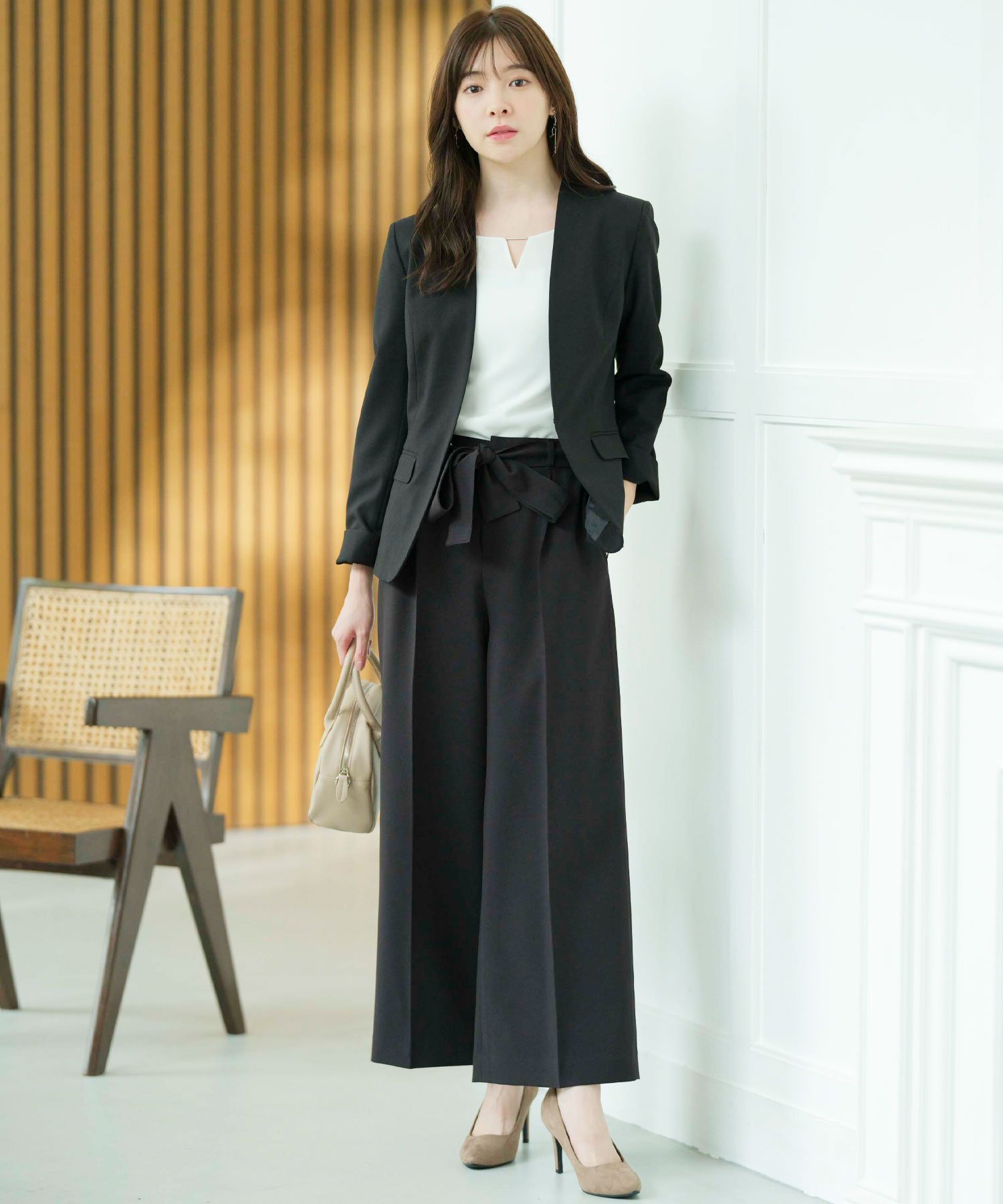 GeeRA｜【2点セットアップ】洗えるノーカラーワイドパンツスーツ