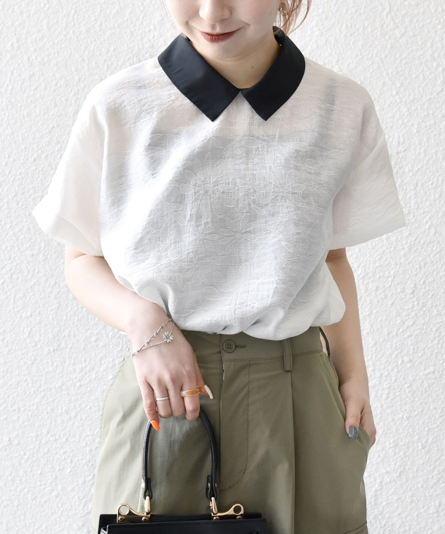 【美品】SHIPS any：フラワージャカードバイカラープルオーバーシャツ SHIPS｜SHIPS any:<洗濯機可能>フラワー ジャカード バイカラー プル