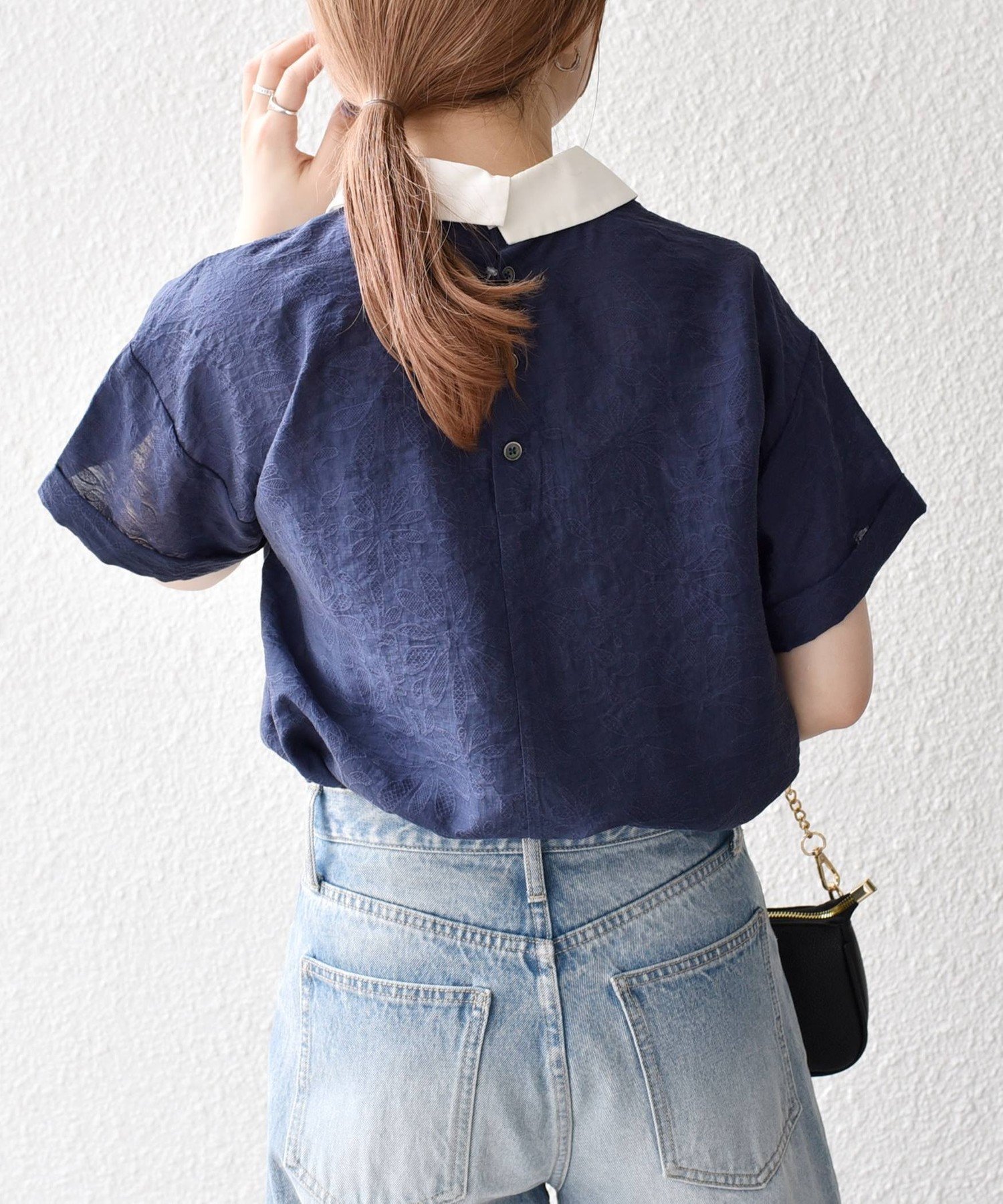 【美品】SHIPS any：フラワージャカードバイカラープルオーバーシャツ SHIPS｜SHIPS any:<洗濯機可能>フラワー ジャカード バイカラー プル