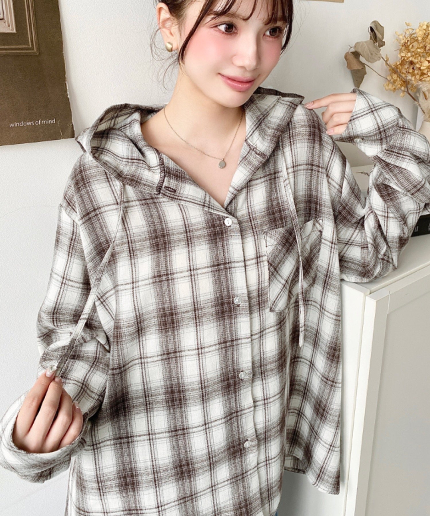 moment+｜フード付き長袖チェックシャツ | Rakuten Fashion(楽天