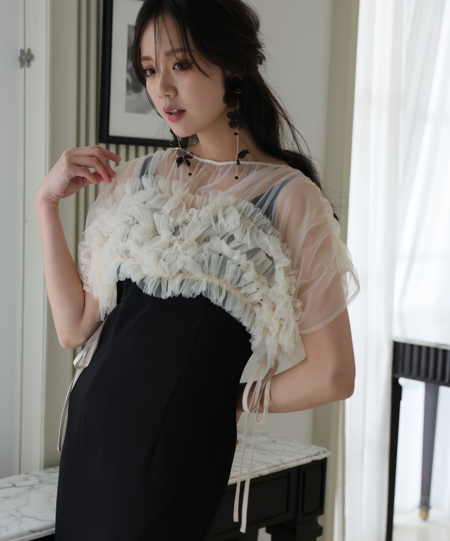 PourVous｜ギャザーチュールトップス結婚式パーティードレスお呼ばれ