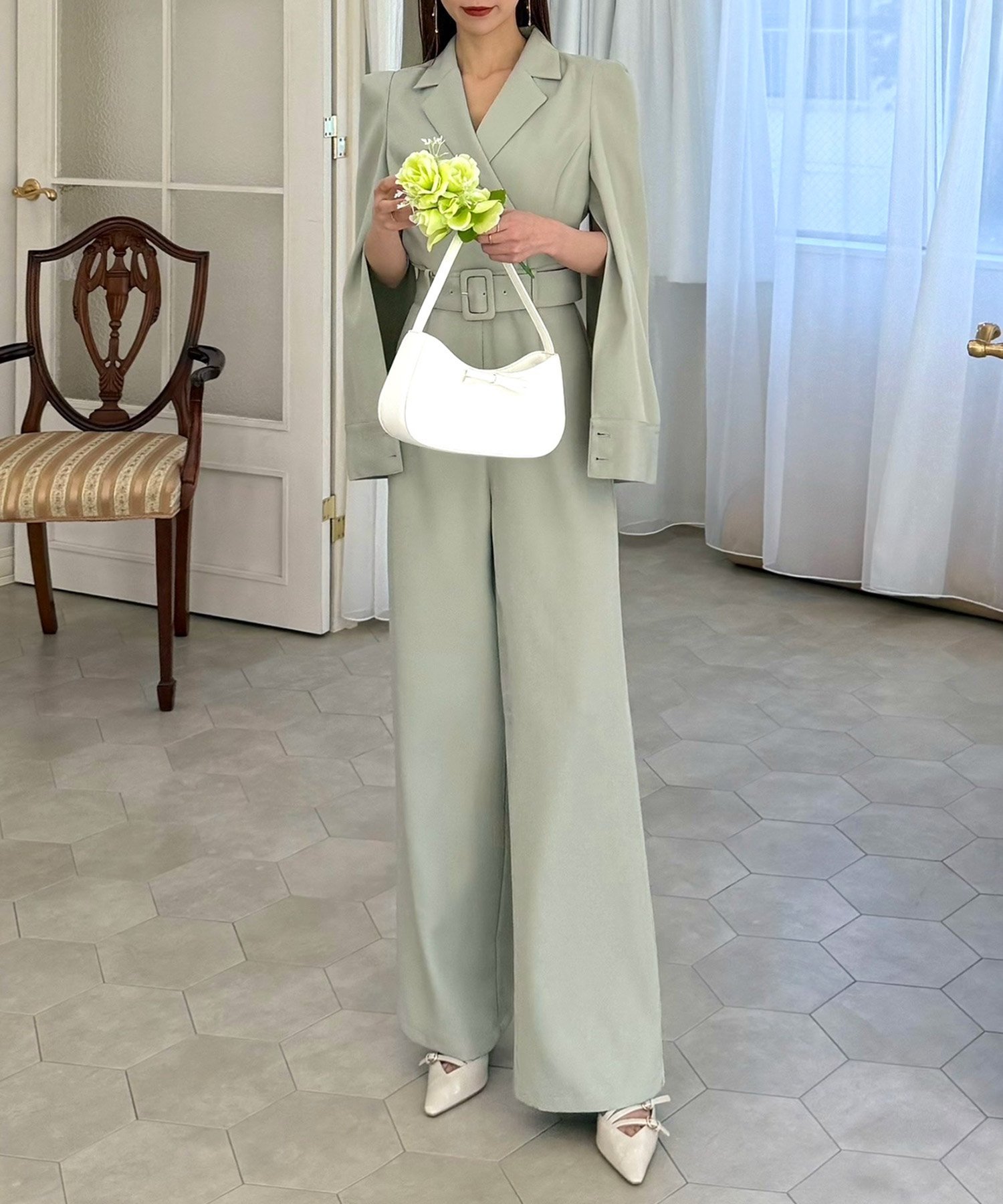 ROYAL PARTY｜【丈が選べる】ベルト付ケープ風オールインワン