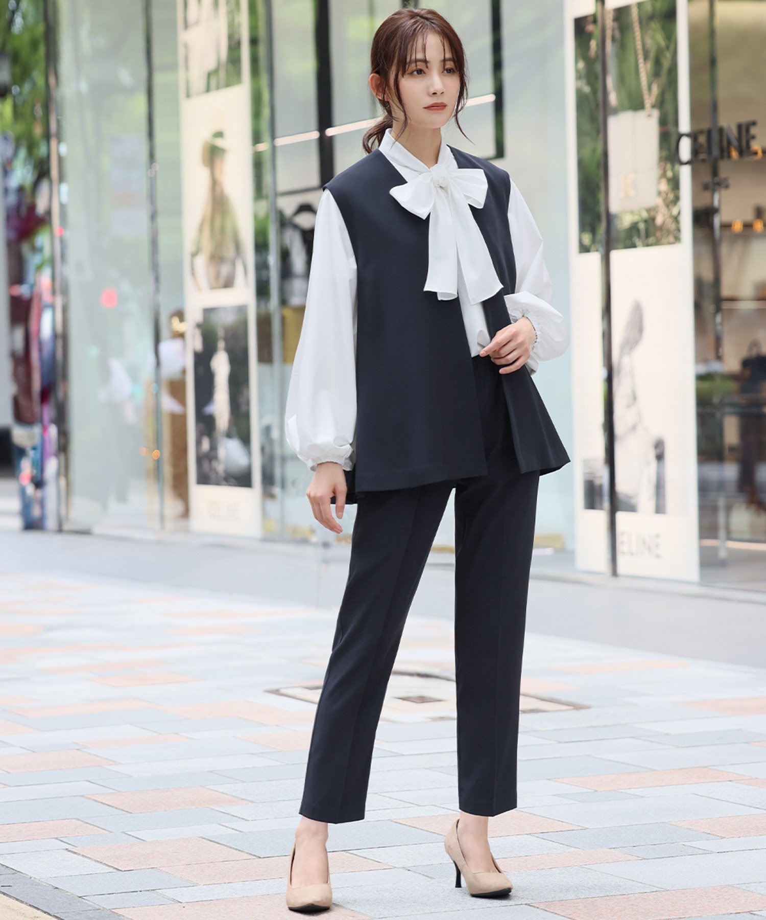 RIVER FIELD & Co.｜【3点セット】Vネックジレ・ボウタイブラウス