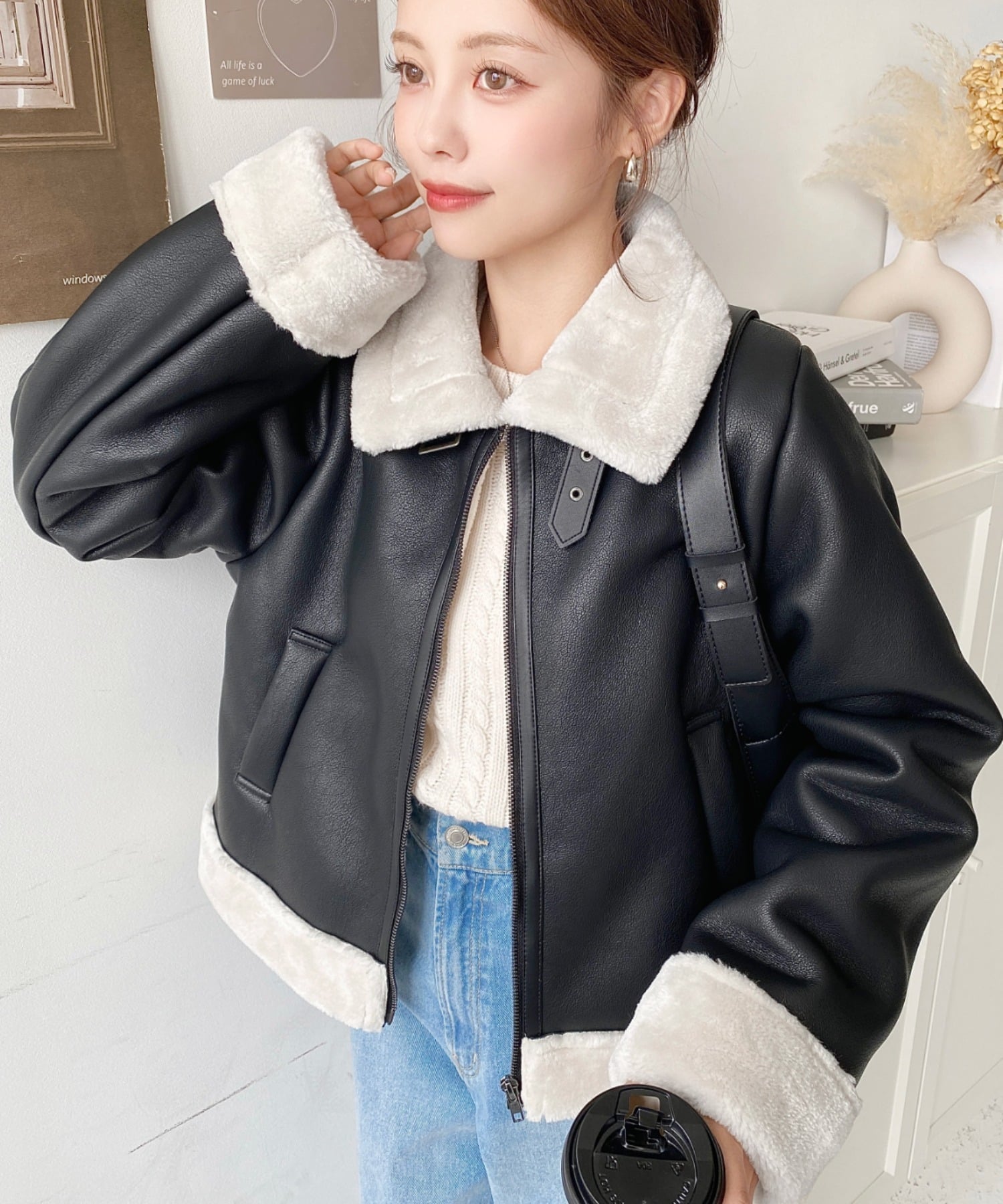 moment+｜フェイクレザー*フェイクファームートンショートブルゾン