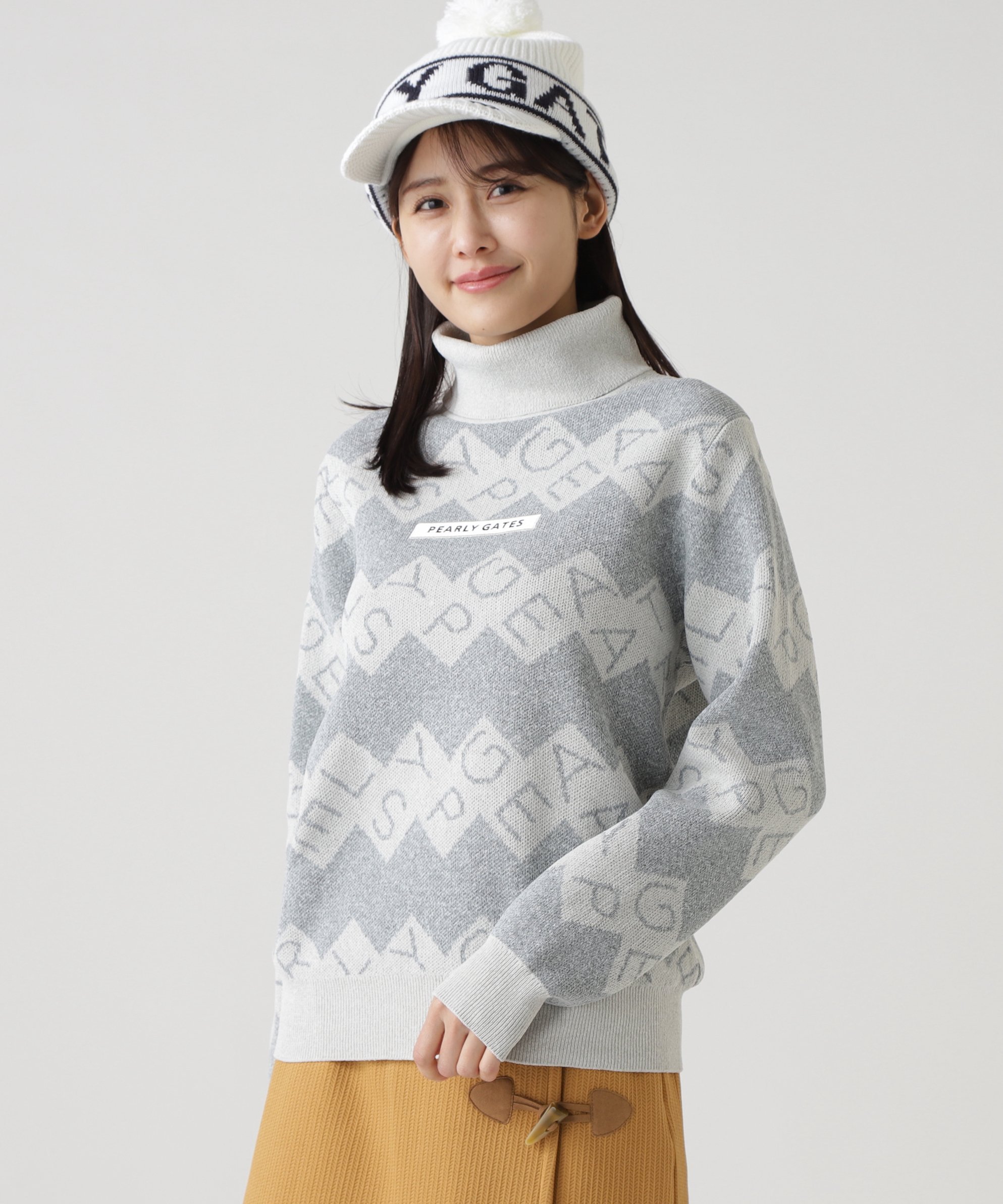 PEARLY GATES｜ダブルJQロゴギザボーダー柄タートルネックニットプル