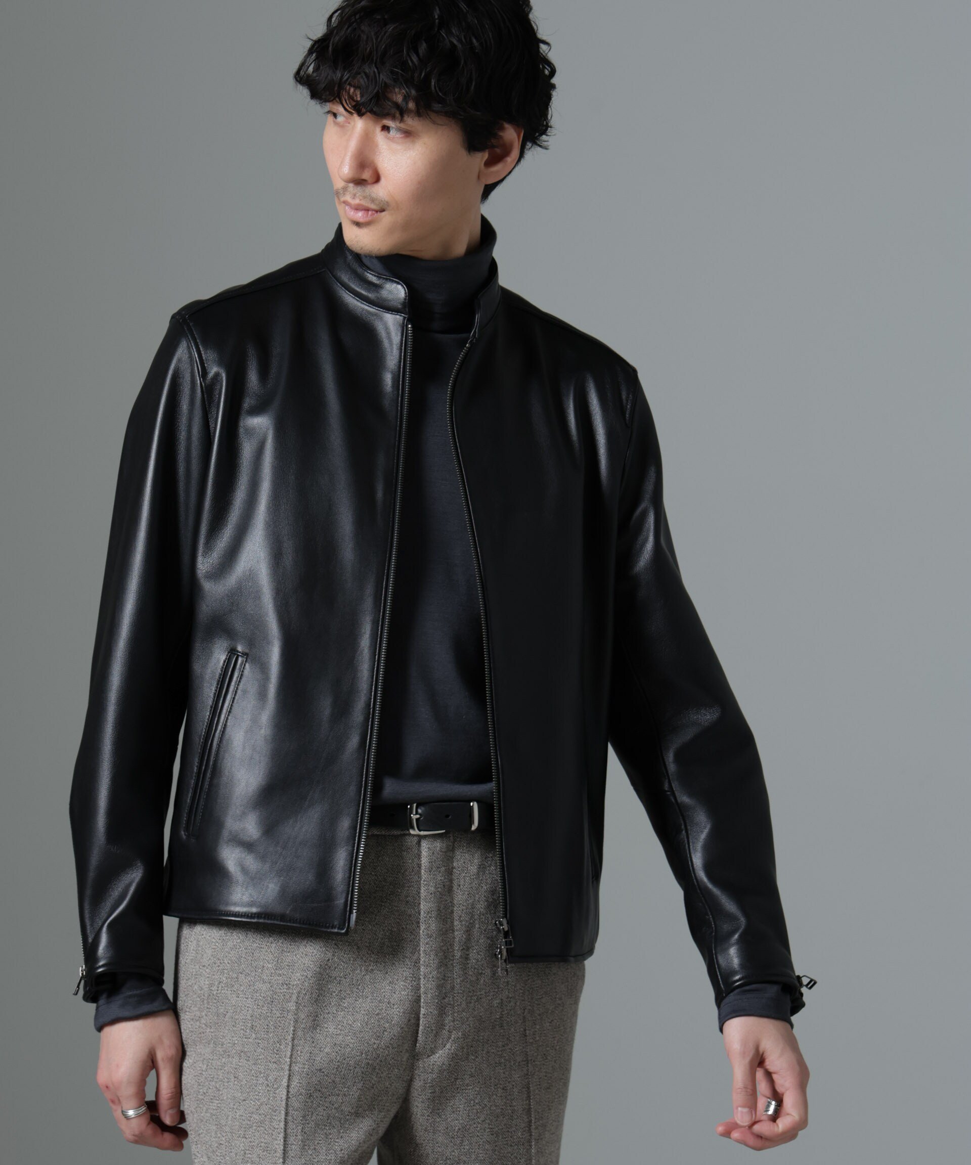 NANO universe｜バンドカラーレザーシングルライダースジャケット