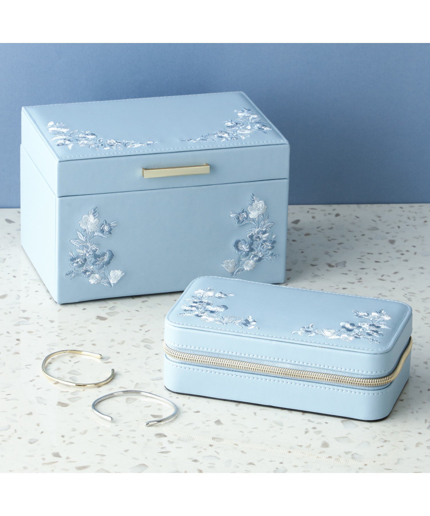 Francfranc｜エンブロイダリーフラワー ジュエリーボックス S ブルー