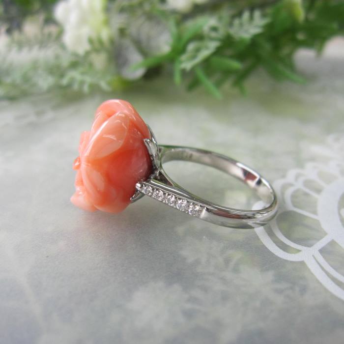 楽天市場】ピンク珊瑚 大輪 薔薇の花 リング 指輪 Pt900 ダイヤ0.12ct