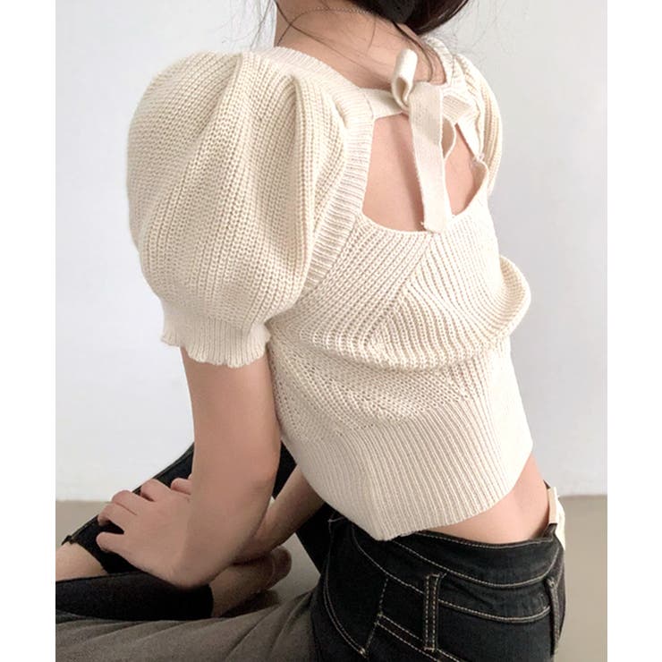 楽天市場】Riff 後ろリボントップス スクエアネック半袖ニット サマー