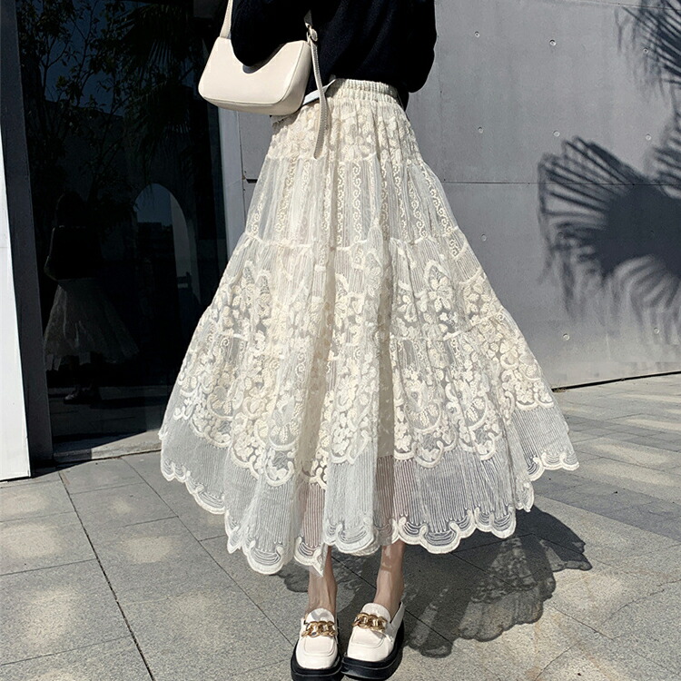 楽天市場】レーススカート 春 フレアスカート レース スカート 刺繍