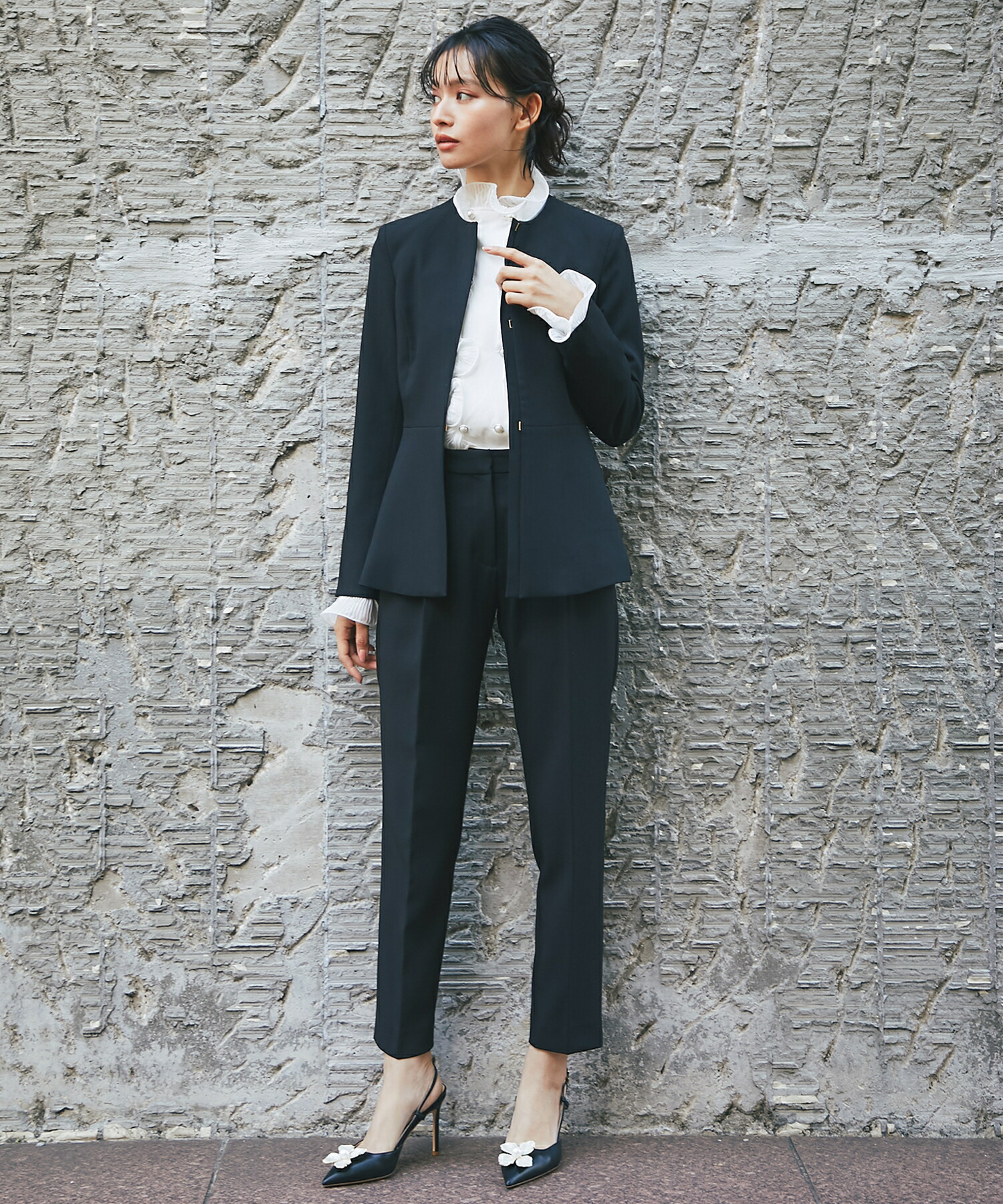 楽天市場】ノーカラー ペプラム ジャケット ＆ スラックス パンツ