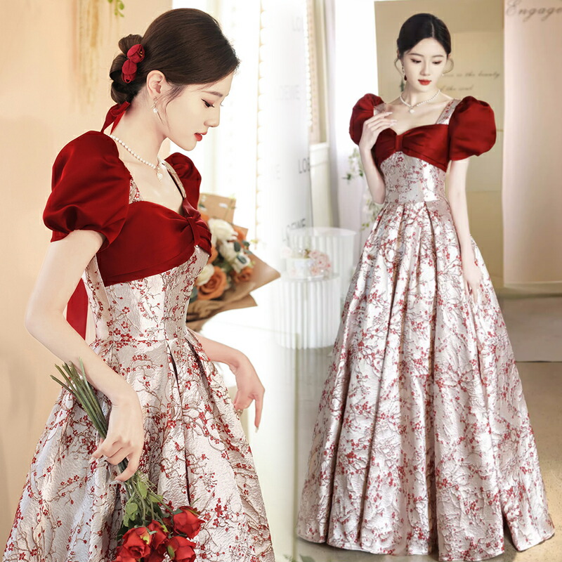 楽天市場】カラードレス Aラインドレス 花柄 半袖 パフスリーブ 赤