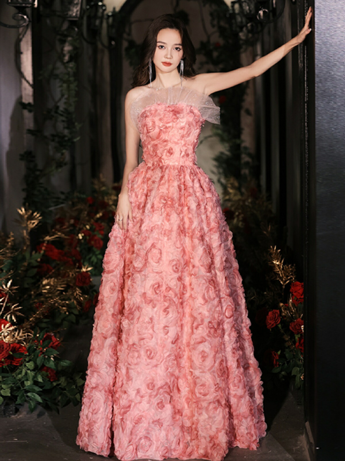 楽天市場】カラードレス ロングドレス ピンク ビスチェ 花柄