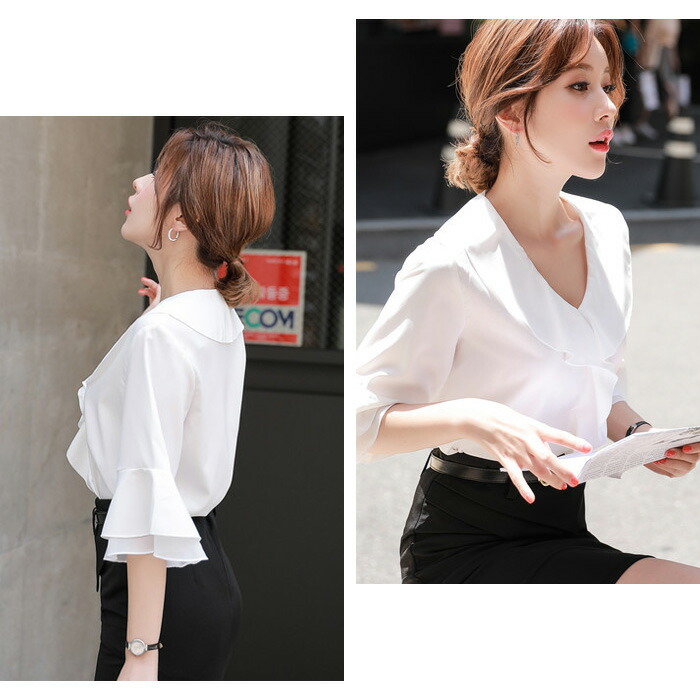 楽天市場】ブラウス レディース フリルシャツ 半袖 白 五分袖 ブラウス