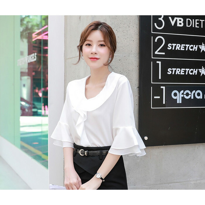 楽天市場】ブラウス レディース フリルシャツ 半袖 白 五分袖 ブラウス