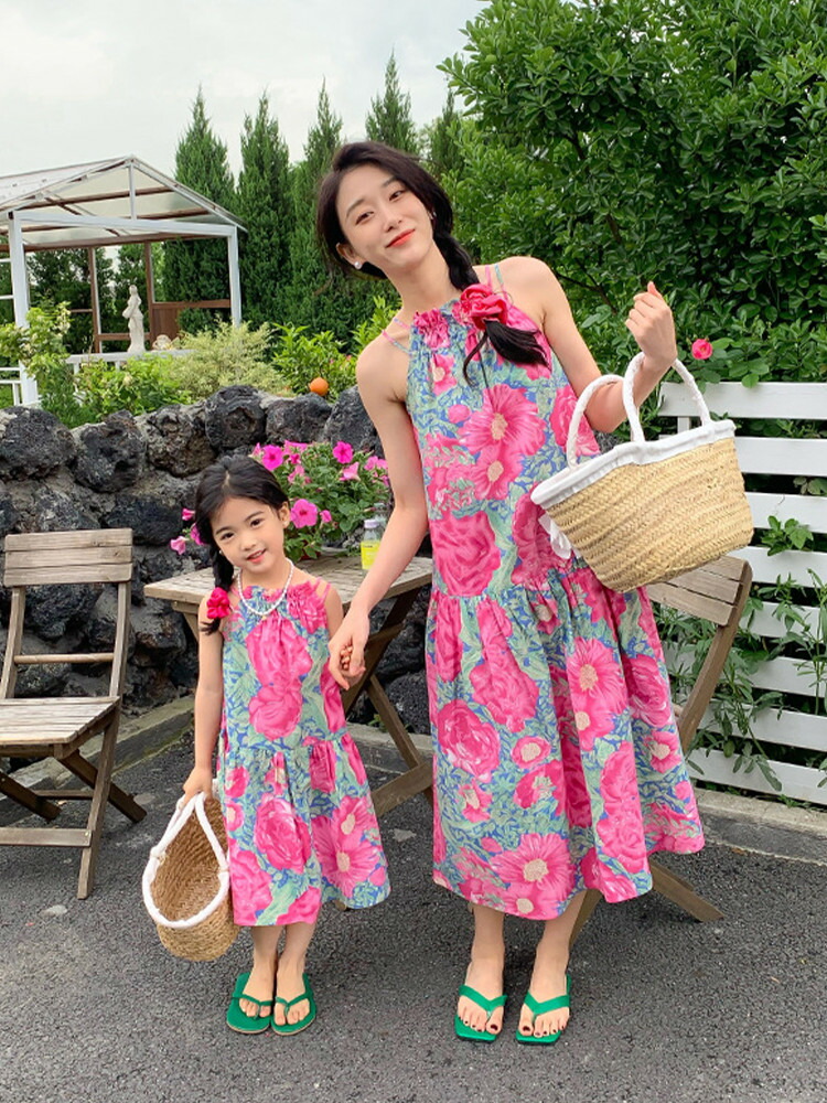 楽天市場】親子ペア ワンピース 夏 花柄 ロングワンピース 桃色