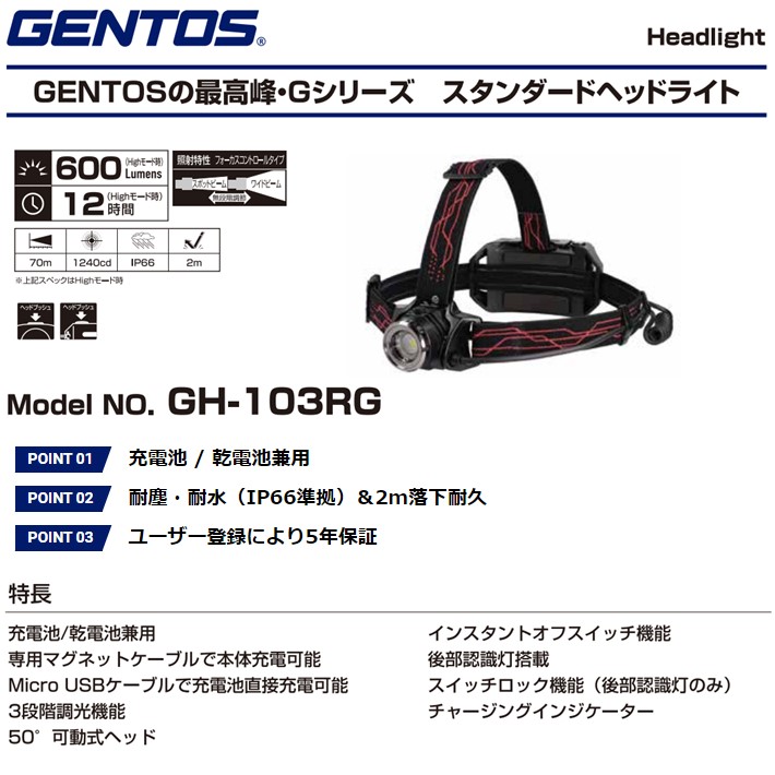 楽天市場】ジェントス ヘッドライト GH-103RG 600ルーメン【GENTOS