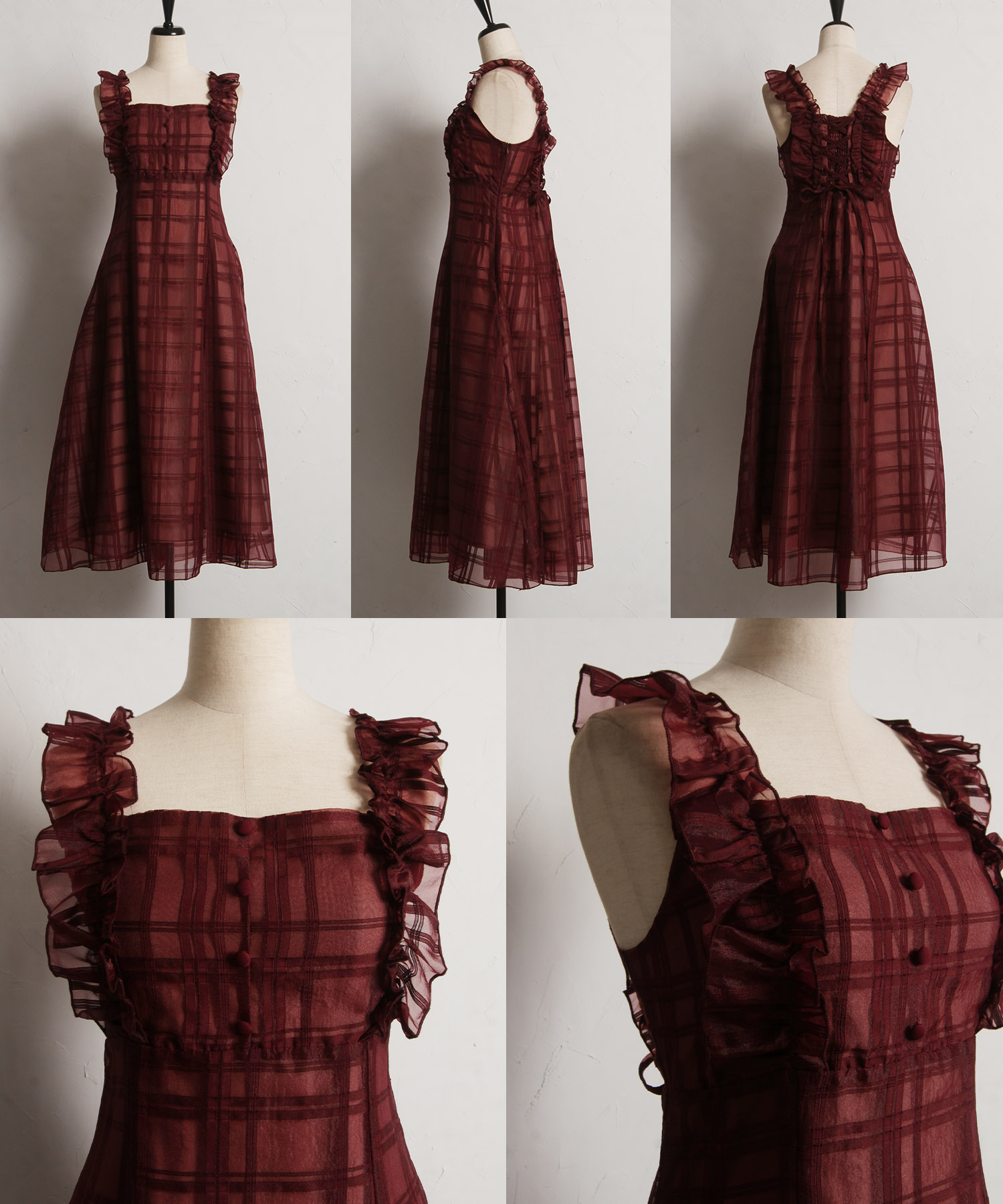 楽天市場】フリル付きバックレースアップシアーチェックワンピース