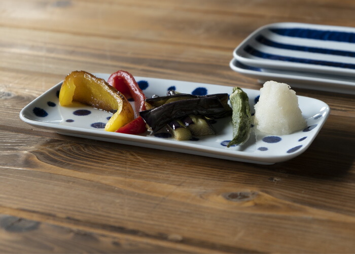 楽天市場】波佐見焼 indigo aidama【藍玉】長角皿 藍染水玉 23.5×12×高