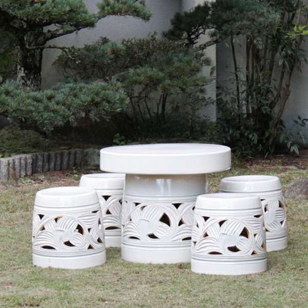 宝福寿吉 信楽焼 青窯肌 ガーデンテーブルセット 直径46cm 宝福寿吉