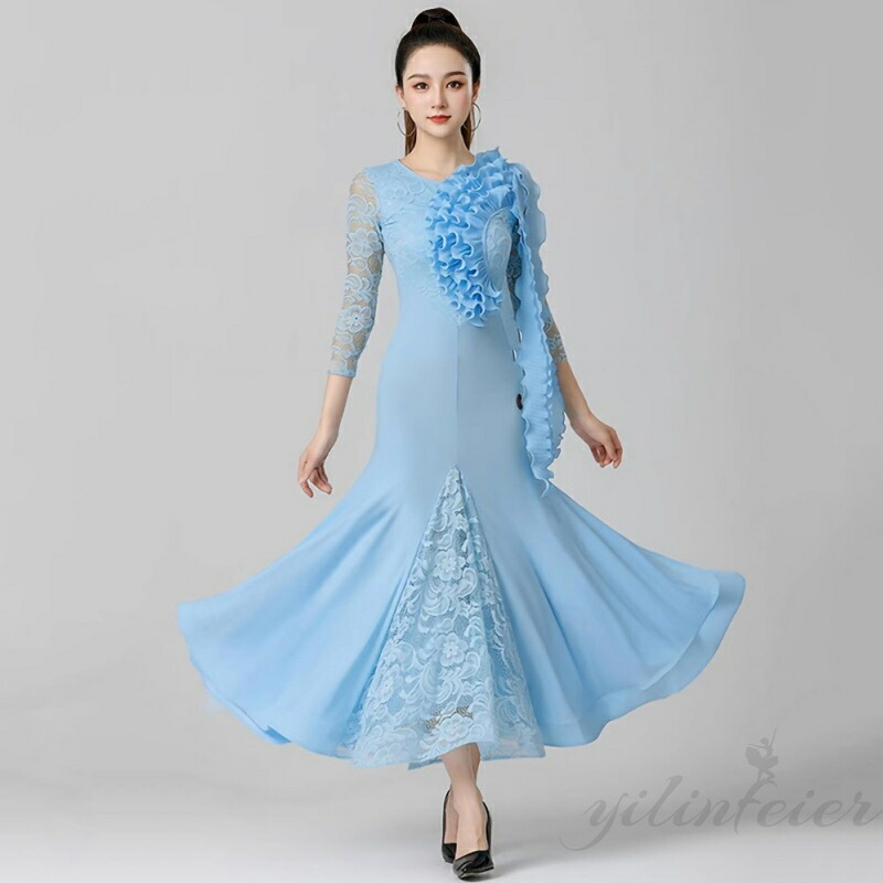 楽天市場】社交ダンス 練習着 ドレス レース合わせ しわ加工フリル