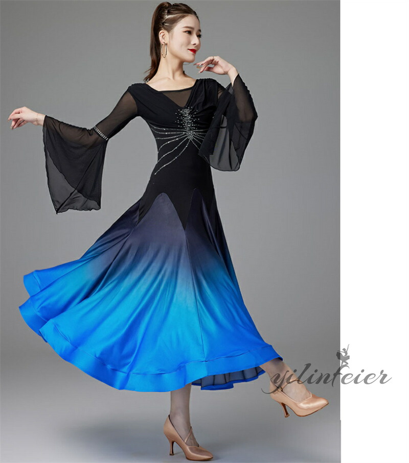 楽天市場】社交ダンスドレス クラーデション フリル長袖 社交ダンス