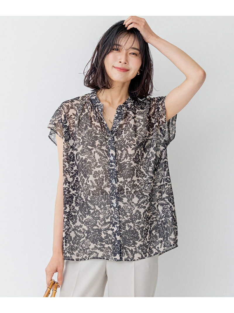 23区【洗える】ボタニカルプリントスキッパーブラウス カーキ系