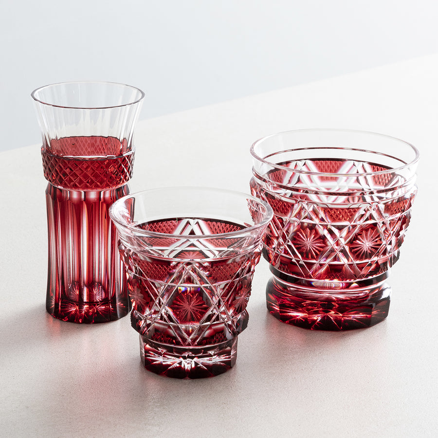 ガラス専門店｜薩摩切子｜島津切子｜冷酒グラス cut01／金赤 – TSUCHI