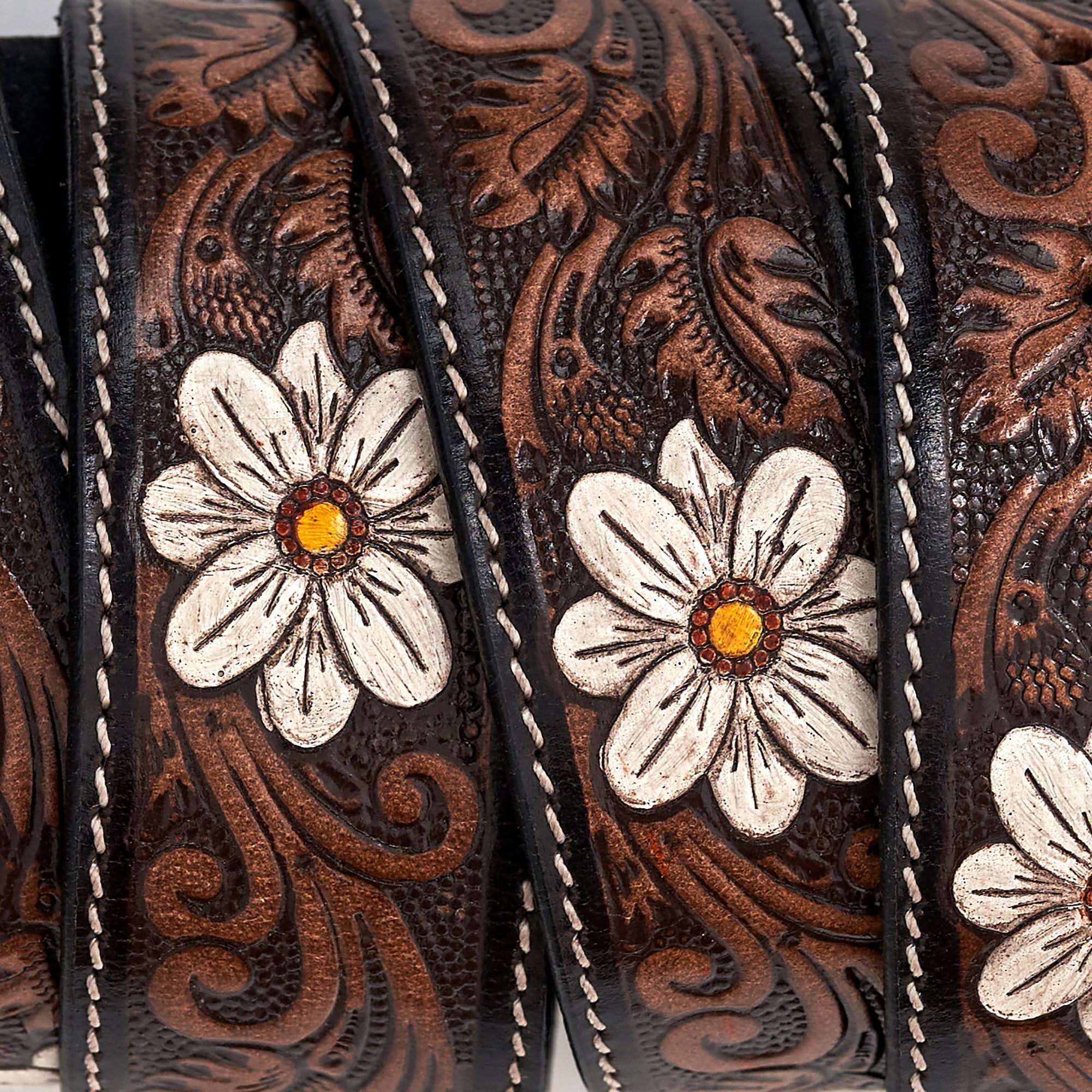 Prairie Blossom Embossed Leather Belt | TRAVELTELI