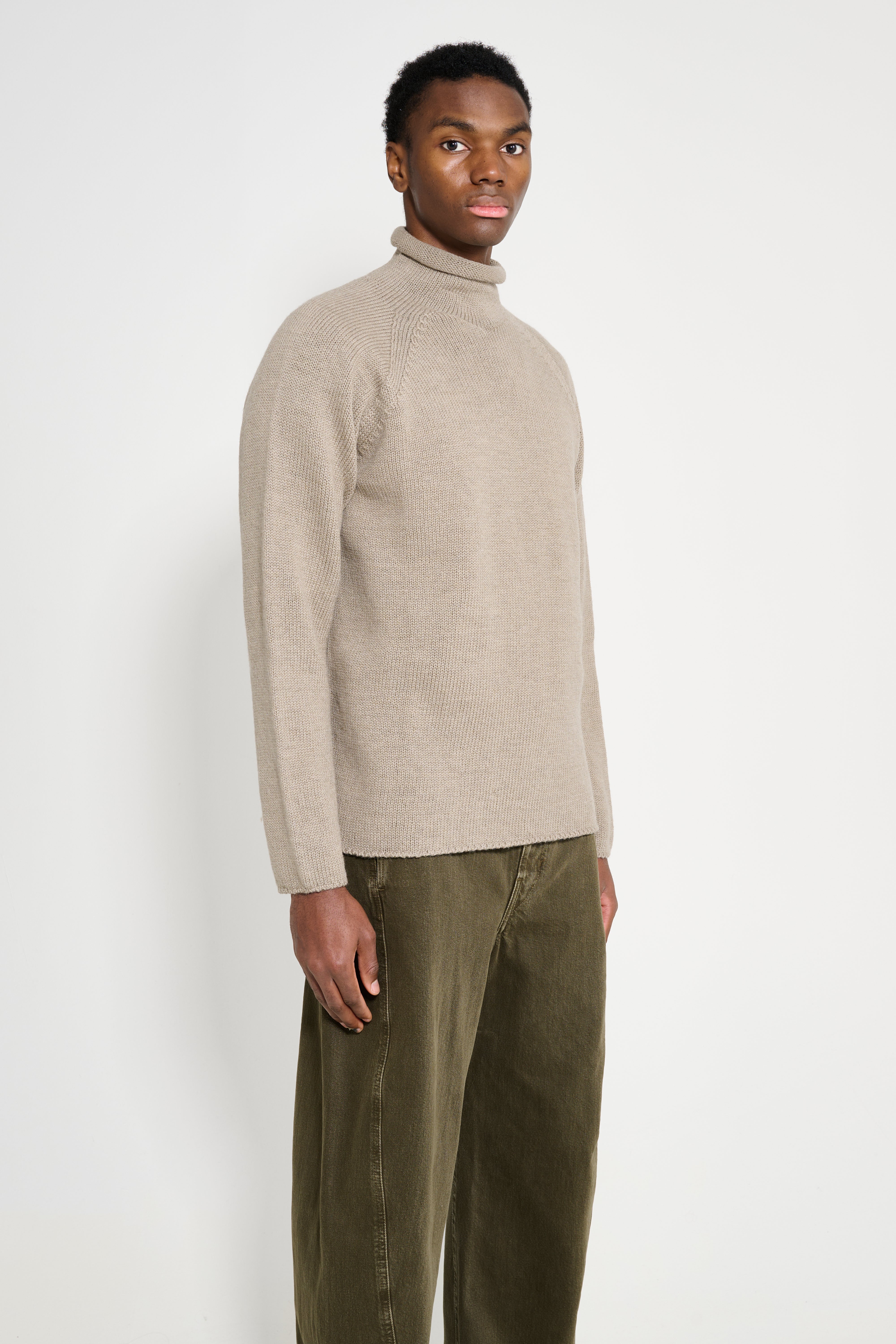 Margaret Howell MHL Rolled Edge Roll Neck Dry Merino Taupe – Très Bien