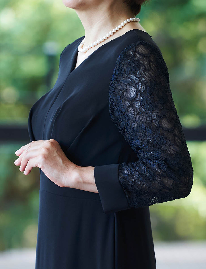 結婚式 母親ドレス ダークネイビー・マザーズドレス レース袖付き