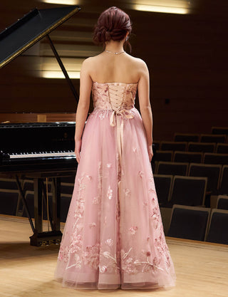 ピンクベージュ フローラルレース ロングドレス ベアトップ 発表会