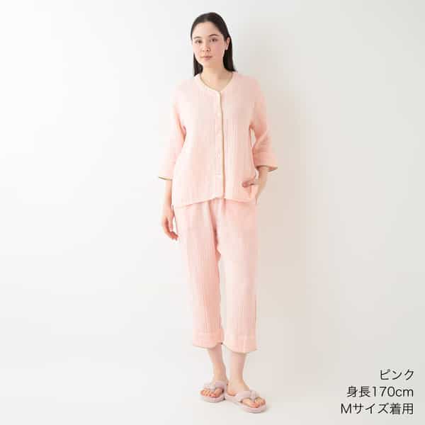 クレープガーゼ ノーカラーレディスパジャマ（RPS23890）-UCHINO-women