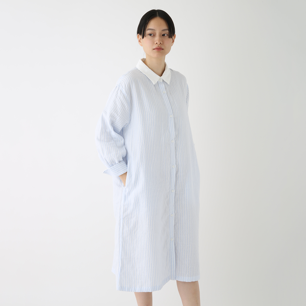 マシュマロガーゼ レディスストライプ柄シャツカラーワンピース