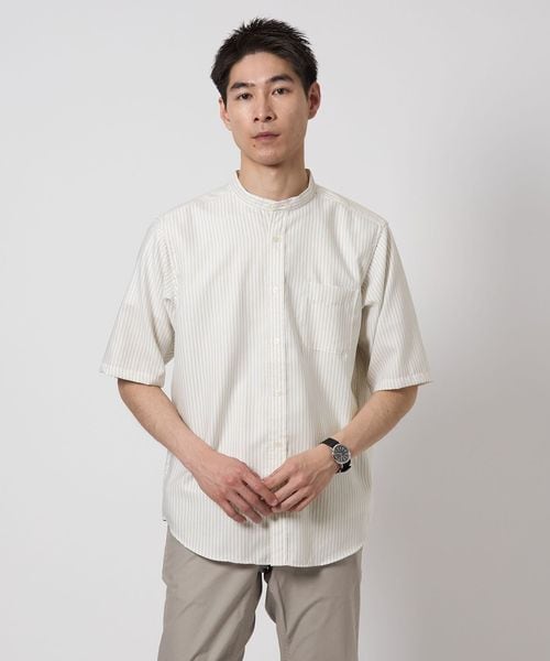 W/R オックス ストライプ バンドカラー 半袖 シャツ